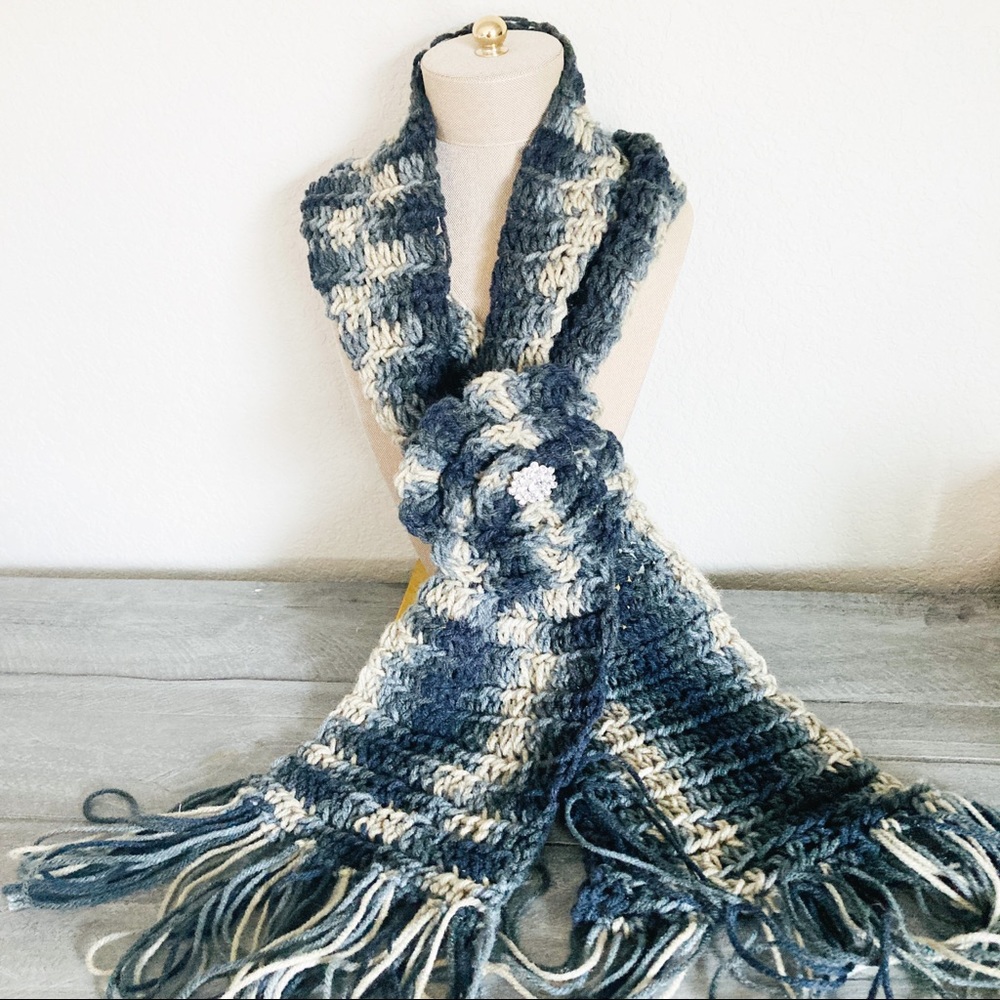 Hand Knit Blue Gray Fringe Scarf with Flower Detail